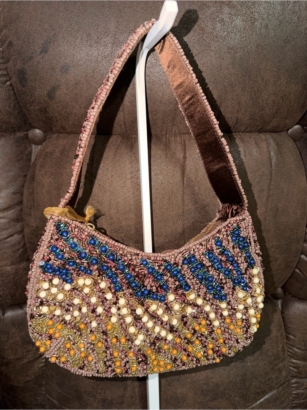 Source Unknown Beaded Shoulder Bag - Brown with Blue, Cream & Yellow Accents